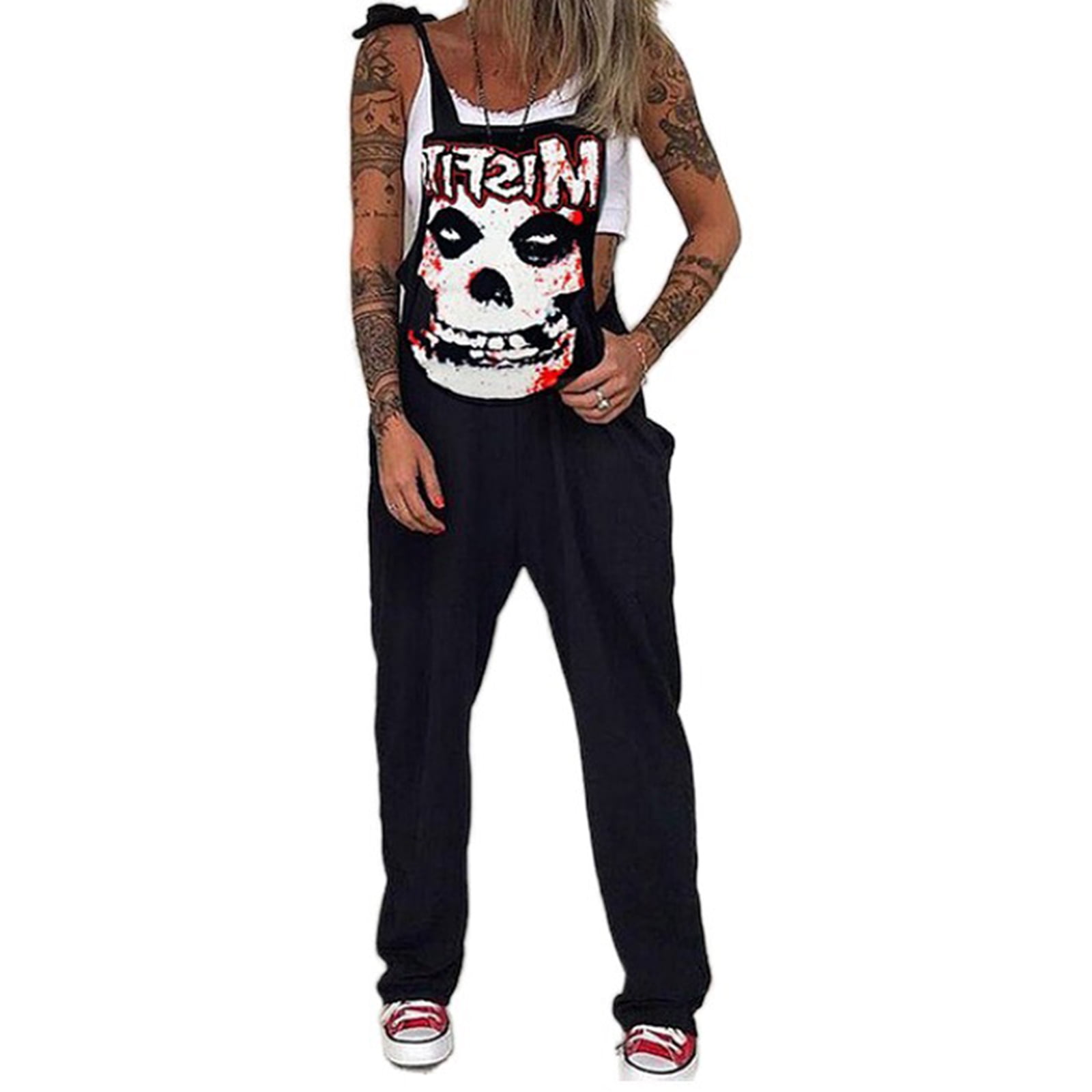 Liacowi Women Skull Print Suspender Romper Pants Halloween Jumpsuit