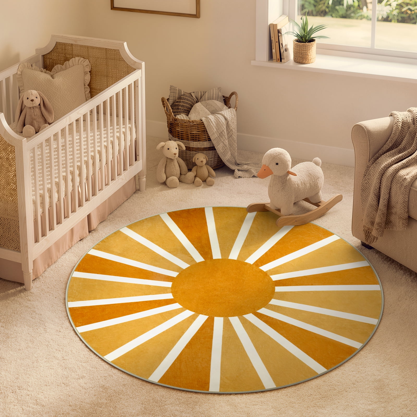 Lahome Boho Round Rugs,4ft Washable Non-Slip Small Round Area Rug Throw Soft Sofa Kids Nursery Room Rug Rainbow Sun Print Distressed Round Carpet for Bedroom Entryway Living Room Dining Room