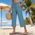 thumbnail image 5 of Cotton Linen Pants Womens Straight Leg Casual Capris 2026 Summer Beach Vacation Cropped Trousers Plus Size Drawstring Capri Pants Blue XL, 5 of 5