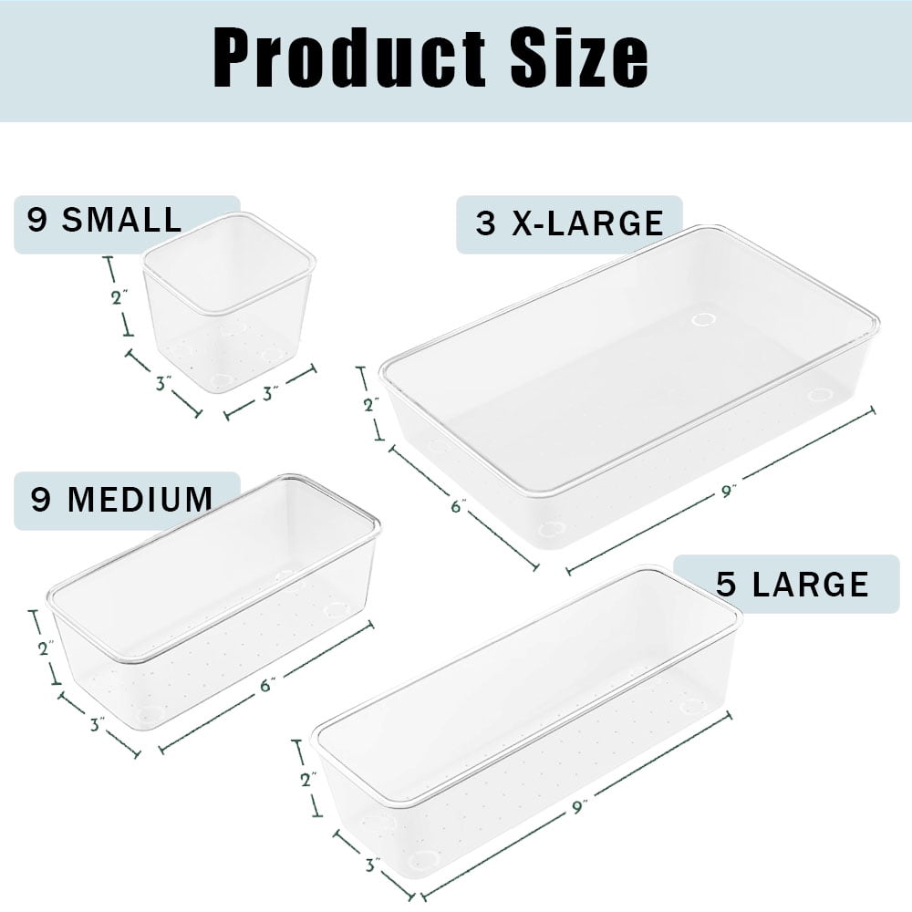 26 PCS Drawer Organizer Bins, 4 Size Clear Plastic Stackable Vanity Drawer Organizer and Storage, Non-Slip Storage Bins for Makeup, Kitchen, Bathroom