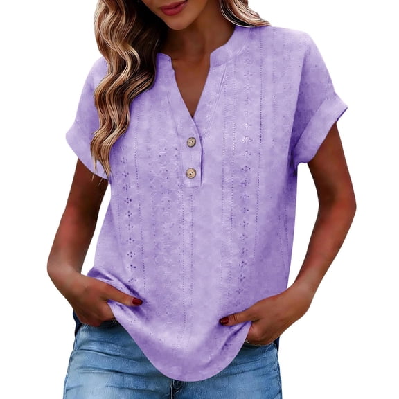 TKLPEHG Short Sleeve Tops for Women Summer Loose Fit Leisure V-Neck Button Eyelet Shirts Ladies Solid Color Tee Lightweight Comfy Everyday Wear (Purple,S)
