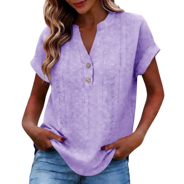 Camisetas de Cuello en V de Manga Larga para las Mujeres Blusa Casual de Color Sólido, Botón Delantero Suelto de Ajuste Superior de Verano