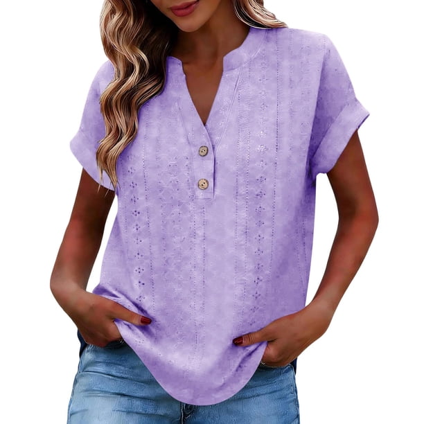Camisetas de Cuello en V de Manga Larga para las Mujeres Blusa Casual de Color Sólido, Botón Delantero Suelto de Ajuste Superior de Verano