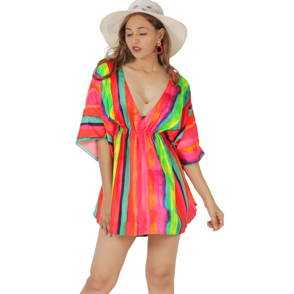 LA LEELA Women's Beachwear Summer Swim Beach Dress Cover ups for Swimwear Women Short Fall Swimsuit Coverups Tops L-XL Stripes, Pink