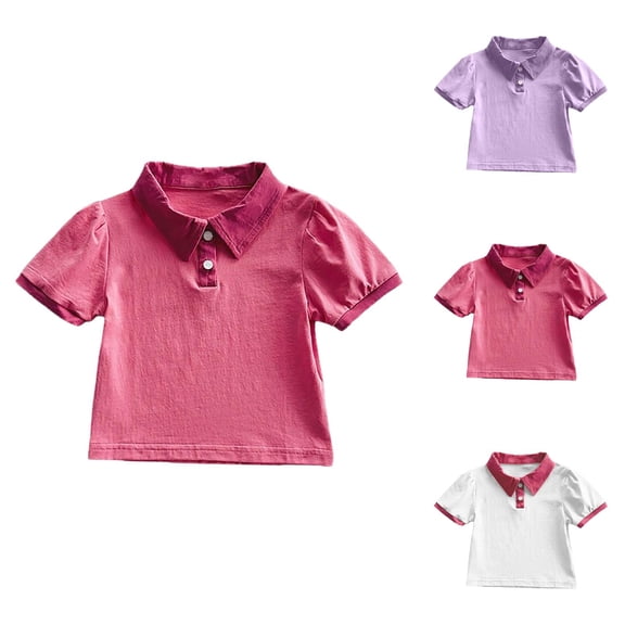 Girls Shirts with Contrast Color Collar Fashion Short Sleeve Shirt for Toddler Kids Spring Summer Beach School Party Outfit Casual Tops