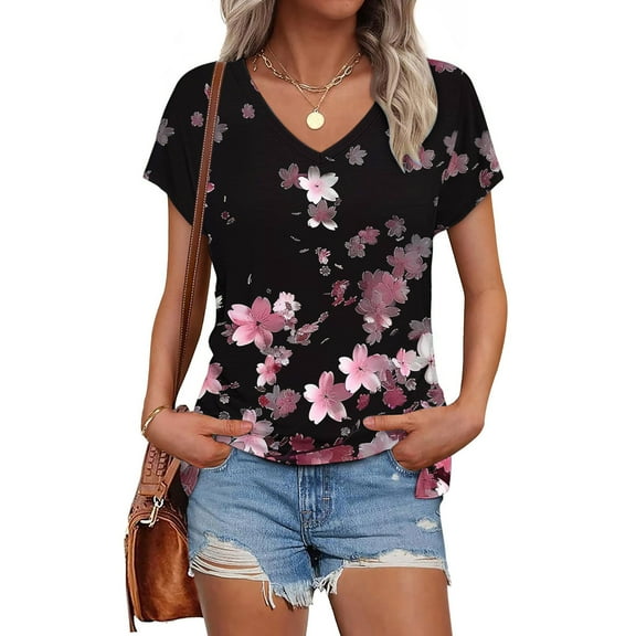 Summer Homenesgenics Womens Tops under $5 Women's Printed V-Neck Short Sleeve T-Shirt Loose Top Short Sleeve Top Multicolor L
