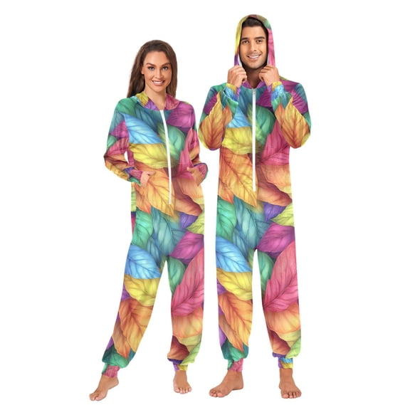 FORMRS Onesies Pajama for Adults Unisex Hoodie Winter Jumpsuit One Piece Sleepwear, Sizes S-2XL, Vibrant Leaves Pattern