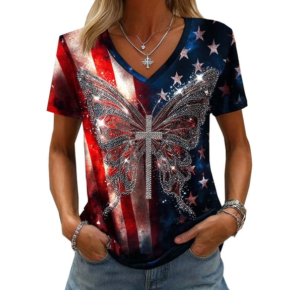 4th of July Shirts Women 250th Anniversary V Neck Short Sleeve Patriotic Tshirt American Flag Cross Butterfly Graphic Tee Tops
