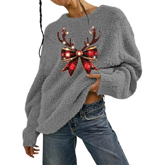 asdoklhq Christmas Shirts for Women Warm Double-sided Velvet Christmas Print Pullover Long Sleeved Shirt Gray 5X