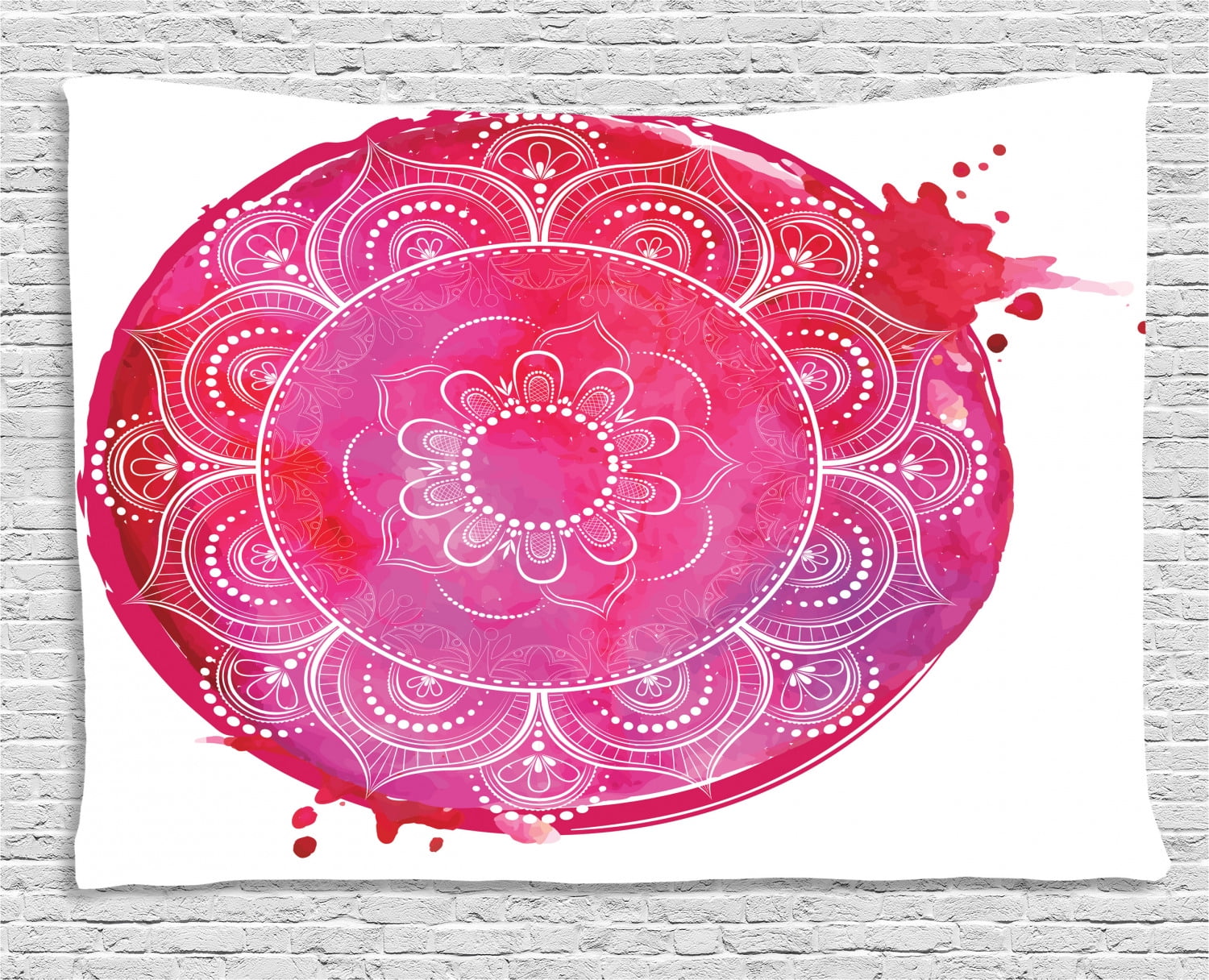 Yoga Tapestry, Pink Watercolor Round with an Ethnic Asian Mandala  Kaleidoscopic Art Motif, Wall Hanging for Bedroom Living Room Dorm Decor,  60W X 40L 