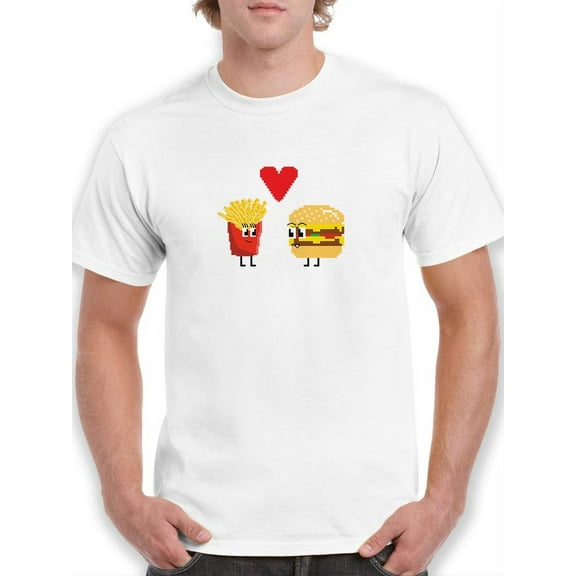 Kawaii Cute Pixel Burger Fries Love Couple Graphic Men White T-Shirt, Male Large