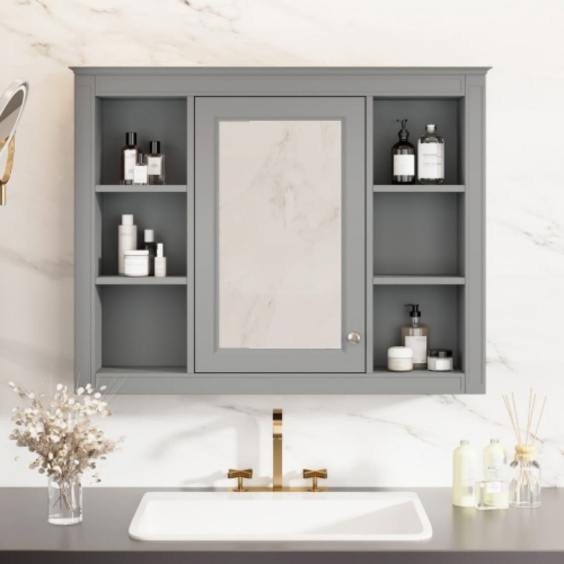 35"x 28" Wall Mounted Bathroom Medicine Cabinet with Mirror, Bathroom Storage Cabinet with 6 Open Shelves, Adjustable Shelves & Towel Bar, Grey