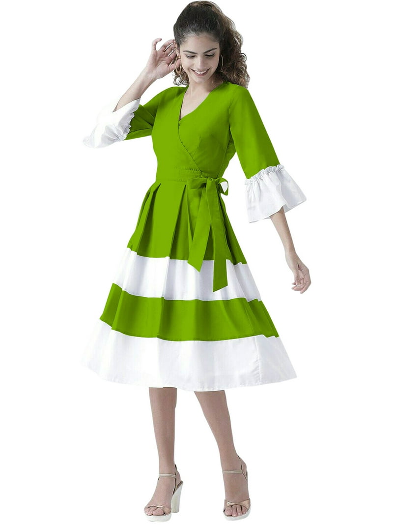 eloria Women Box Plated Fit and Flare Dress Party Wear Causal Midi Dress  Knee Long One Piece Dress, Color: Parrot Green, Size: XXL - Walmart.com
