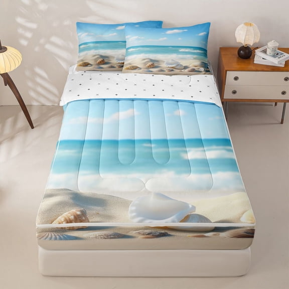 Manfei Beach Seashell Ocean Wave Zipper Full Size Comforter Sets with Fitted Sheet and 2 Pillowcases for Kids Boys and Girls, Coastal Nautical Print Zipper Bedding Set, Reversible, 4-Piece