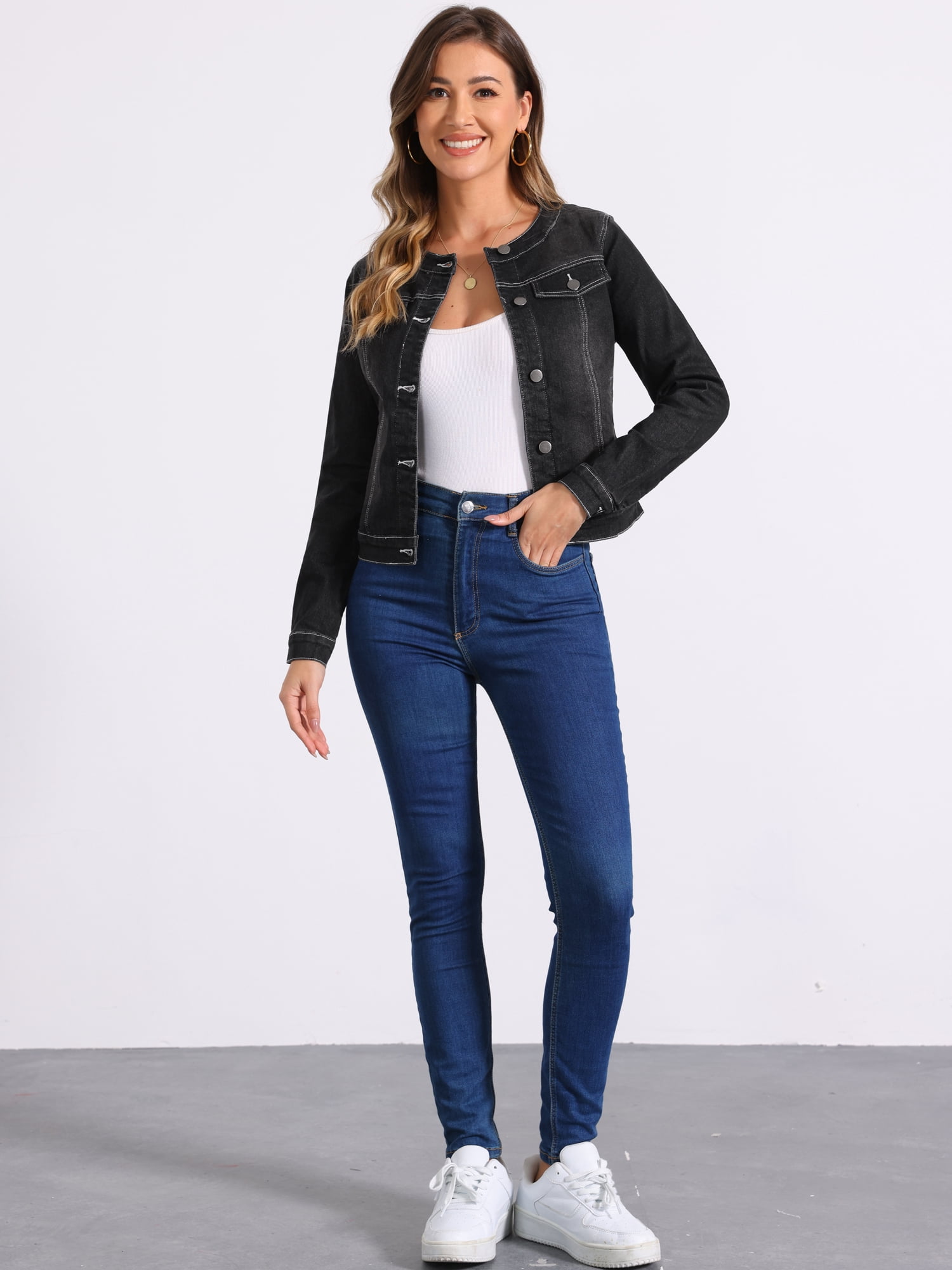DARING DIVA Women's Button Down Collarless Cropped Denim Jacket L Black