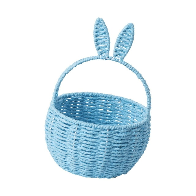 Cesta de almacenamiento tejida, cesta de mano con orejas de conejo, cesta de comestibles hecha a mano, cesta de picnic para huevos de Pascua, regalos Azul