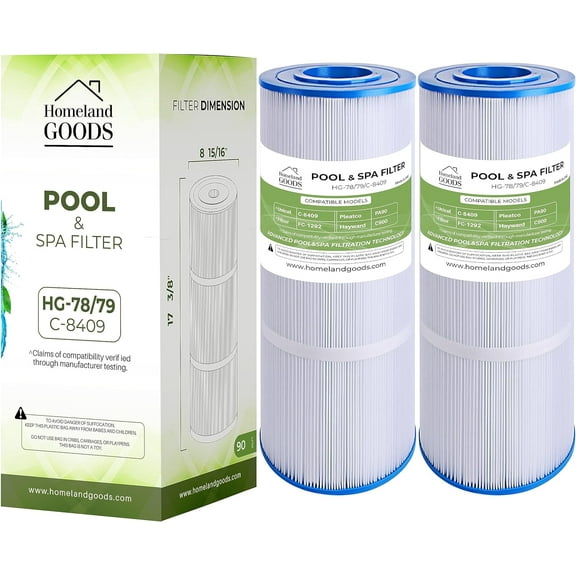 Homeland Goods PLF90A Pool Filter Replacement for Hayward C900, CX900RE, Pleatco PA90, Sta-Rite PXC95, Unicel C-8409, Ultral-B6, Filbur FC-1292, PXC95, 90 sq.ft 17 3/8" x 8 15/16" 2PK