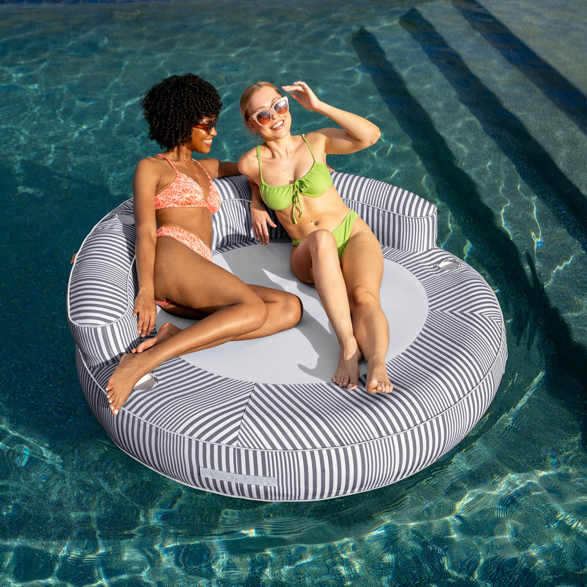 Big Joe Dryside Island Inflatable Pool Float for Adults, Fade Resistant Olefin Fabric Inflatable Raft, Shoreline Gray, 6 feet Round