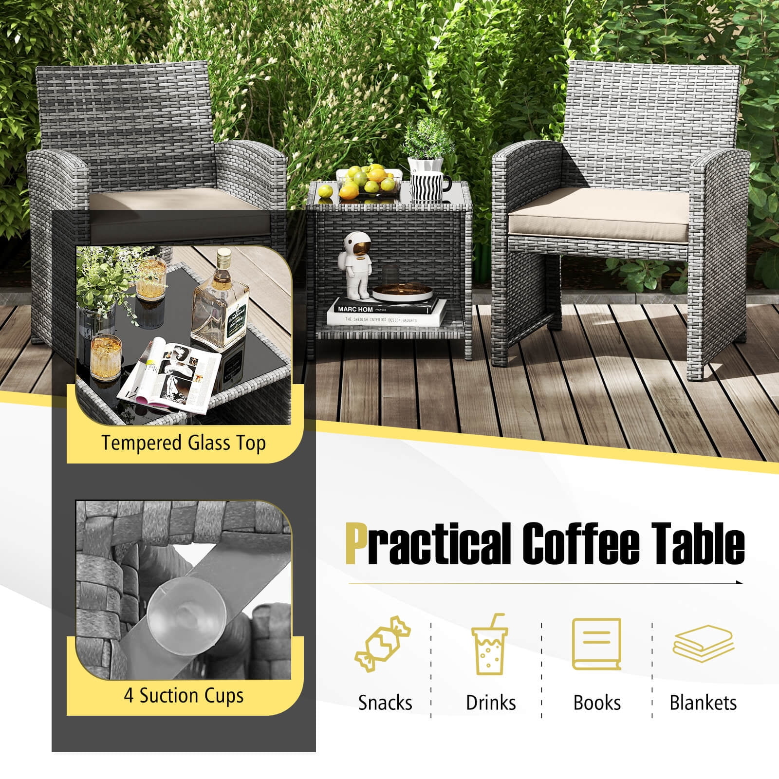 Costway 3 PCS Patio Furniture Set with Tempered Glass Coffee Table & Soft Seat Cushions White