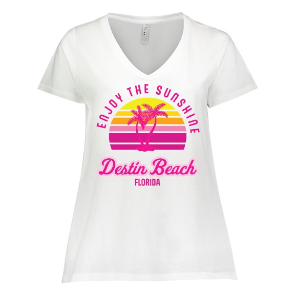 Inktastic Summer Enjoy the Sunshine Destin Beach Florida in Pink Women's Plus Size V-Neck T-Shirt