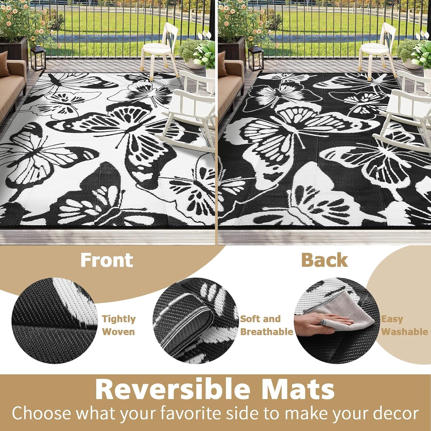 Wonnitar 8x10 Butterfly Outdoor Rug Waterproof, Large Washable Rugs for Outside, Plastic Foldable Black&White Indoor Outdoor Carpet for Patio Balcony