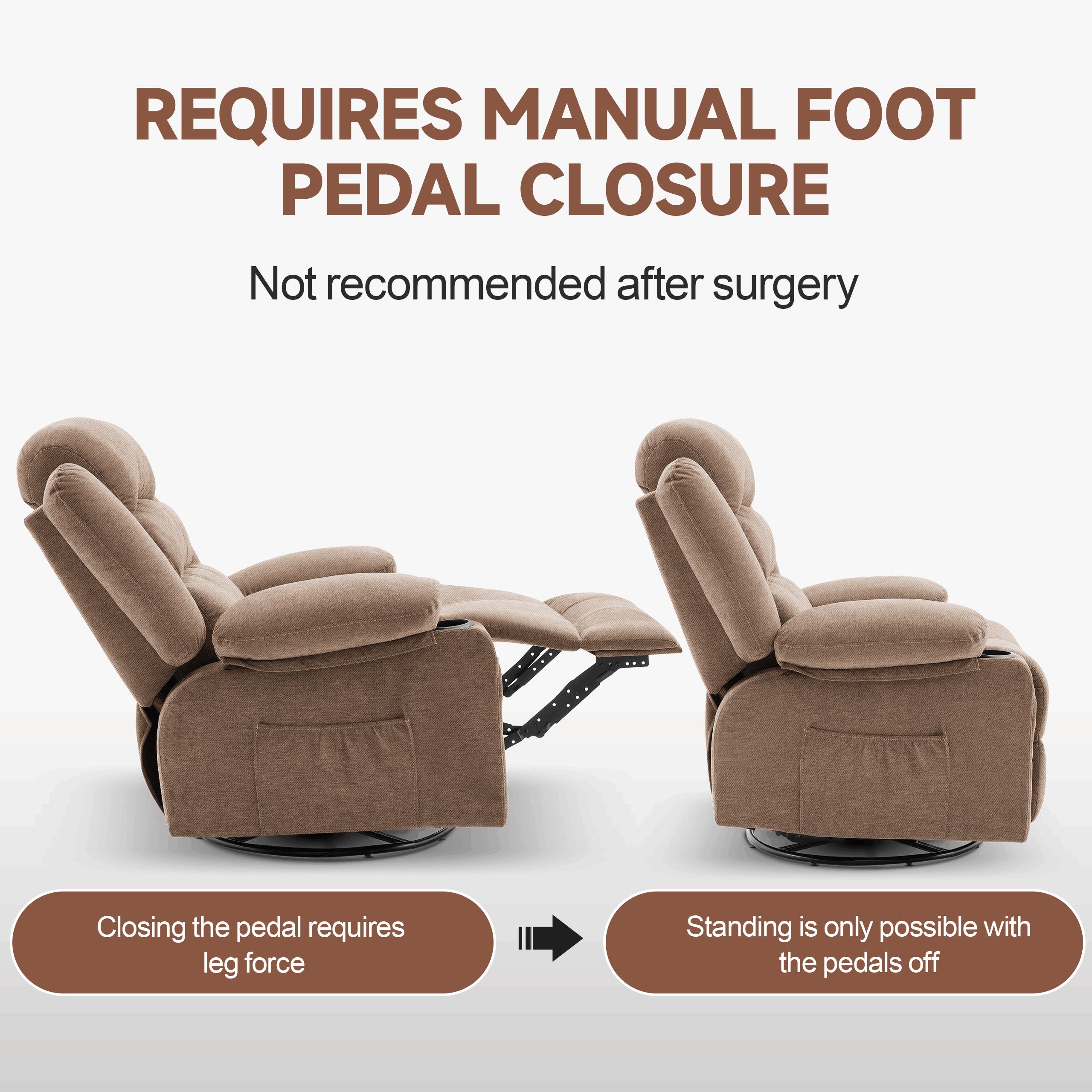 Rocker Recliner Chair with Heat and Massage, 360° Swivel Recliner Chairs for Adults, Oversized Recliner Single Sofa Seat with Cup Holders, Brown