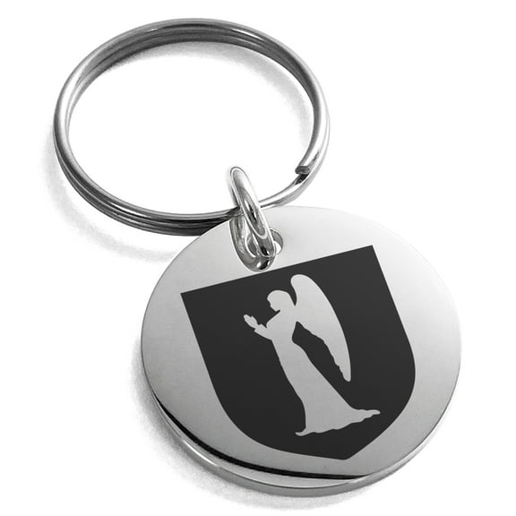 Stainless Steel Angel Divinity Coat of Arms Shield Engraved Small Medallion Circle Charm Keychain Keyring