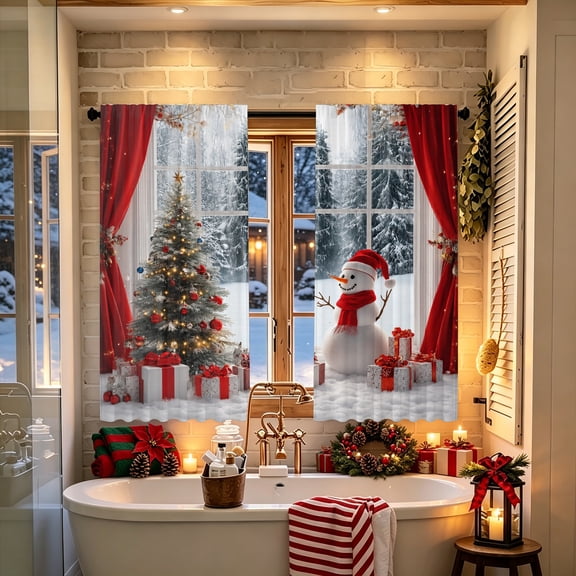 Red Drape Tree Snowflake 2D Printed Window Curtain, No Rods Included, for Indoor Dining Room Winter Home Decor