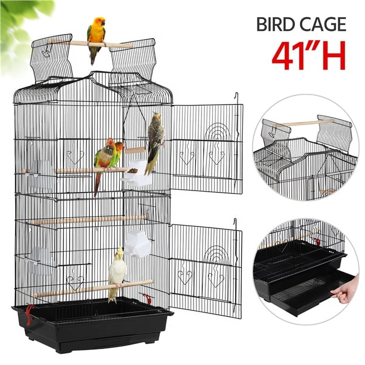 Renwick 41" Four Feeders Double-Door Metal Birdcage with Slide-Out Tray, Black