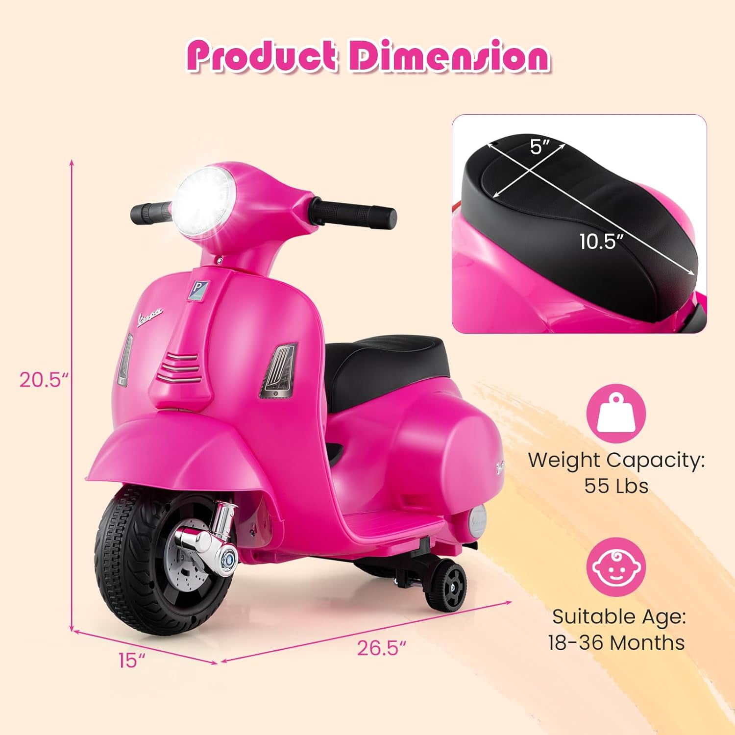 Licensed Vespa Kids Motorcycle by OLAKIDS, 6V Battery Powered Motorbike for Toddlers with Training Wheels, Horn, LED Lights, Electric Ride on Toys for Boys Girls Aged 18-36 Months