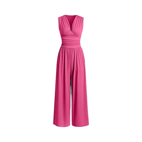 Jumpsuits for Women Dressy Casual Sleeveless Crewneck Wide Leg Rompers Jumpers Vacation Summer Hot Pink M