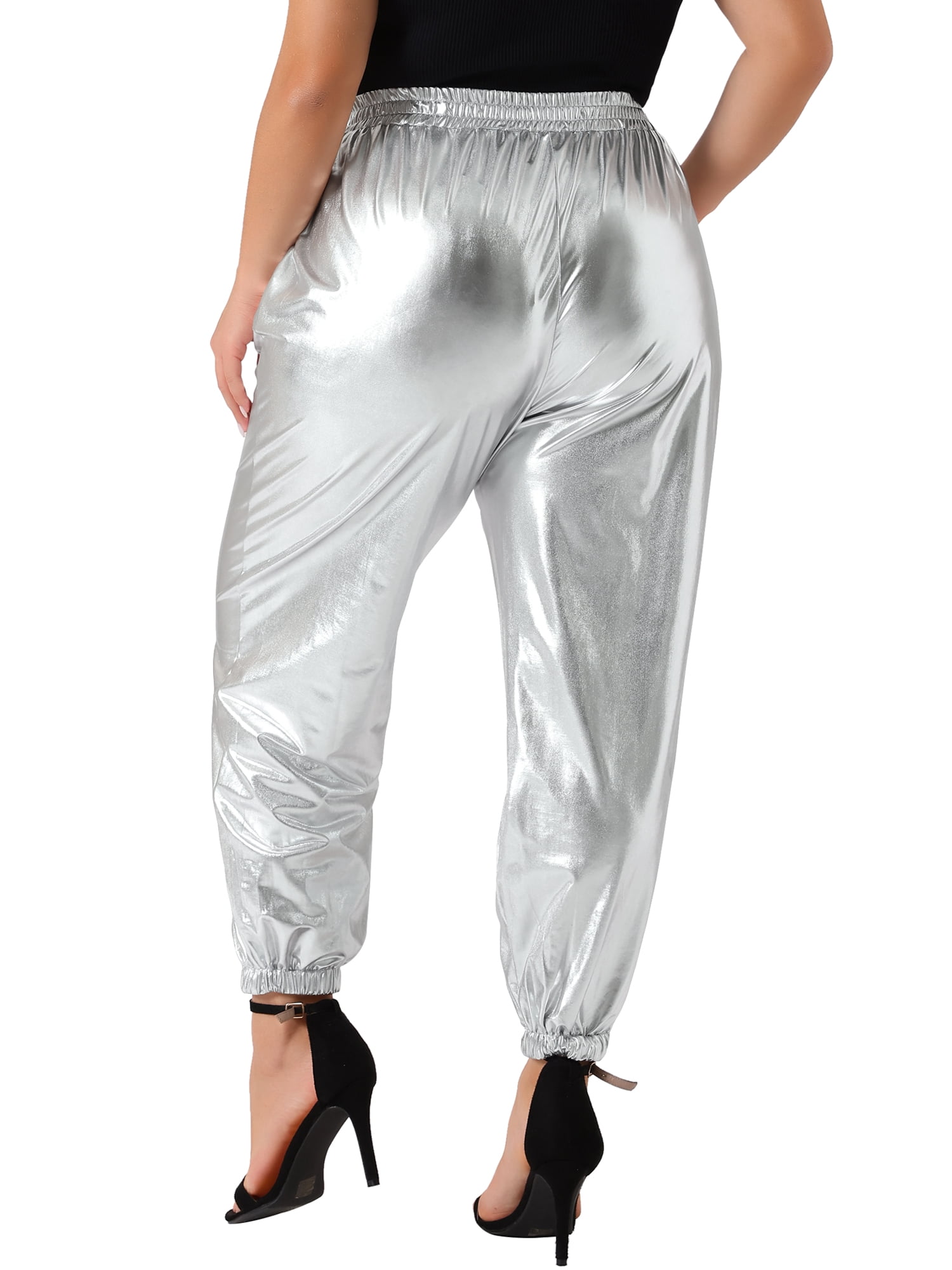 DARING DIVA Women's Plus Jogger Pants Metallic Shiny Stretchy Trousers 3X Silver