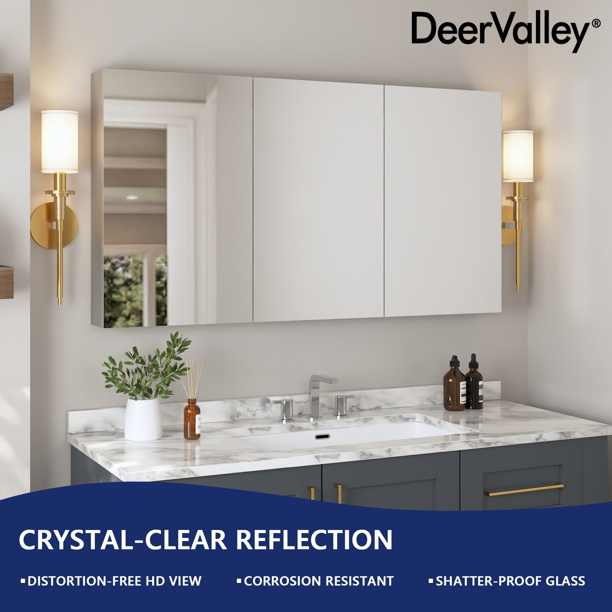 DV-1MC0149 48'' W x 26'' H Surface Mount Frameless 3 Door Medicine Cabinet and 2 Adjustable Shelves