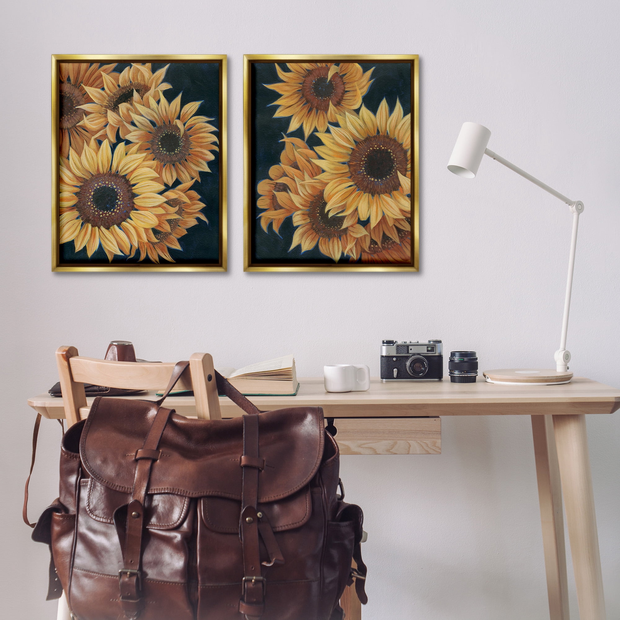 Stupell Industries Sunflowers on Black Botanical & Floral Painting Gold Floater Framed Canvas Art Print Wall Art, 25 x 31, Set of 2
