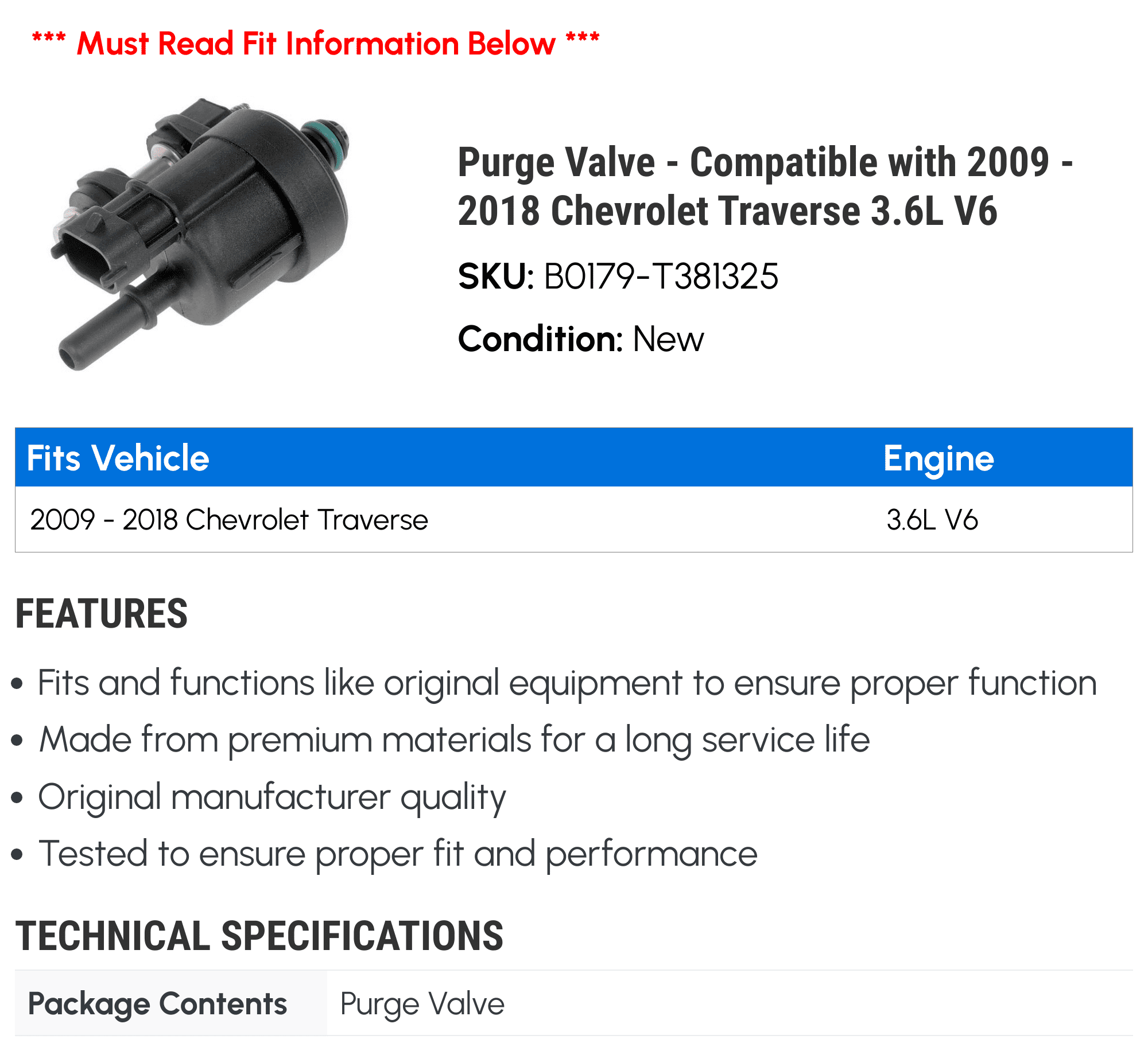 Purge Valve - Compatible with 2009 - 2018 Chevy Traverse 3.6L V6 2010 2011 2012 2013 2014 2015 2016 2017