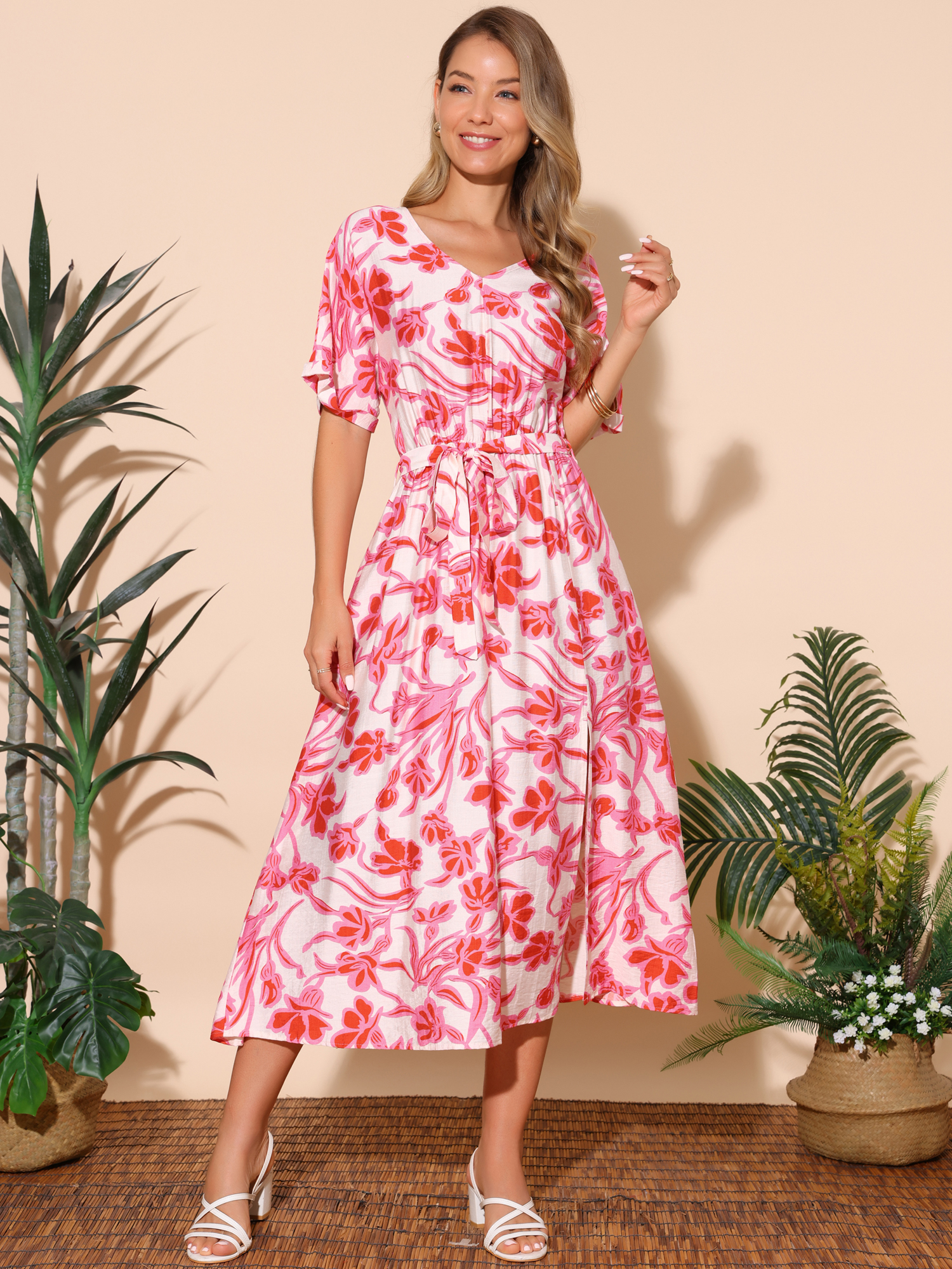 DARING DIVA Loose Boho V Neck Short Sleeve Tie Waist Floral Maxi Dress L Pink