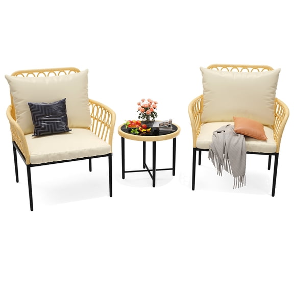 3-Piece Patio Furniture Set, Outdoor Wicker Bistro Set with 2 Cushioned Armchairs and Tempered Glass Coffee Table.