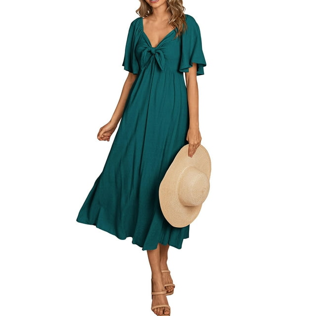 Mialoley Robe Midi pour Femme Couleur Unie Col en V Nœud à Nouer devant Froncée Manches Courtes Robe d'Été Décontractée Robe Trapèze