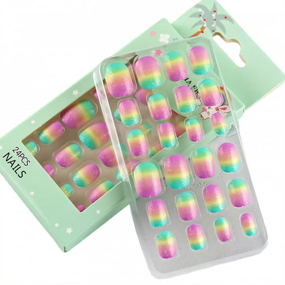 RAGUPEL 24Pcs Press on Nails for Kids,Rainbow Series Kids Nails,Adhesive Backing Does Not Damage Nails Kids Press on Nails,Style1