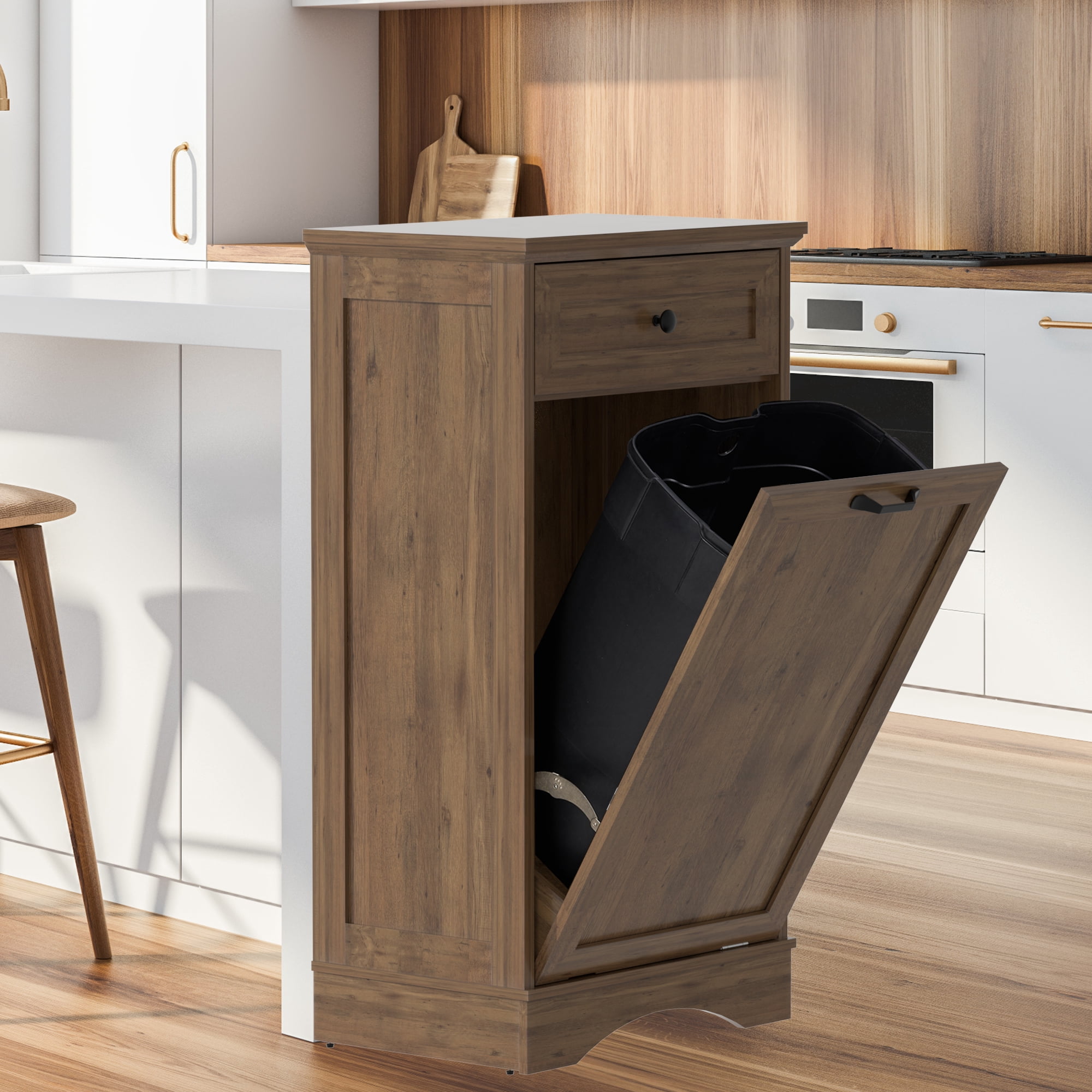 AHB 13 Gallon Tilt Out Kitchen Trash Cabinet with Drawer, Single Trash Can Storage Organizer, 20.9"L x 13.55"W x 38.5"H , Dark Wood