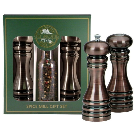 7 Inch Burnished Copper Pepper Mill and Salt Shaker Gift Set Bronze