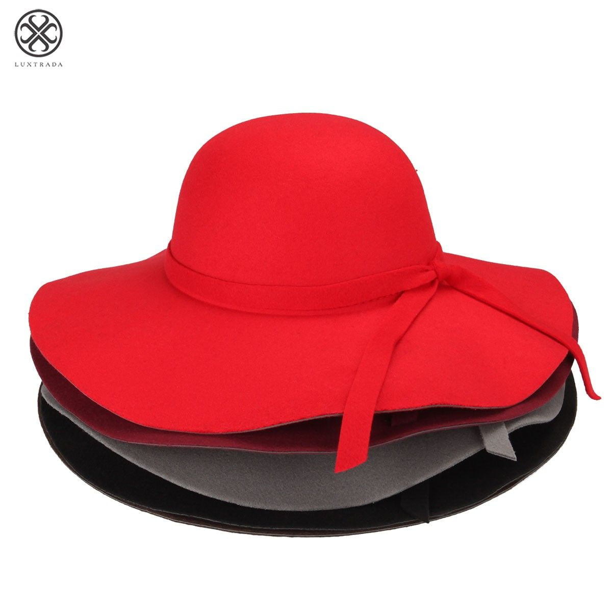 Women's Wide Brim Wool Ribbon Band Floppy Hat Vintage Wool Winter Hat Felt  Fedora Floopy Beach Sun Cap Wine red 