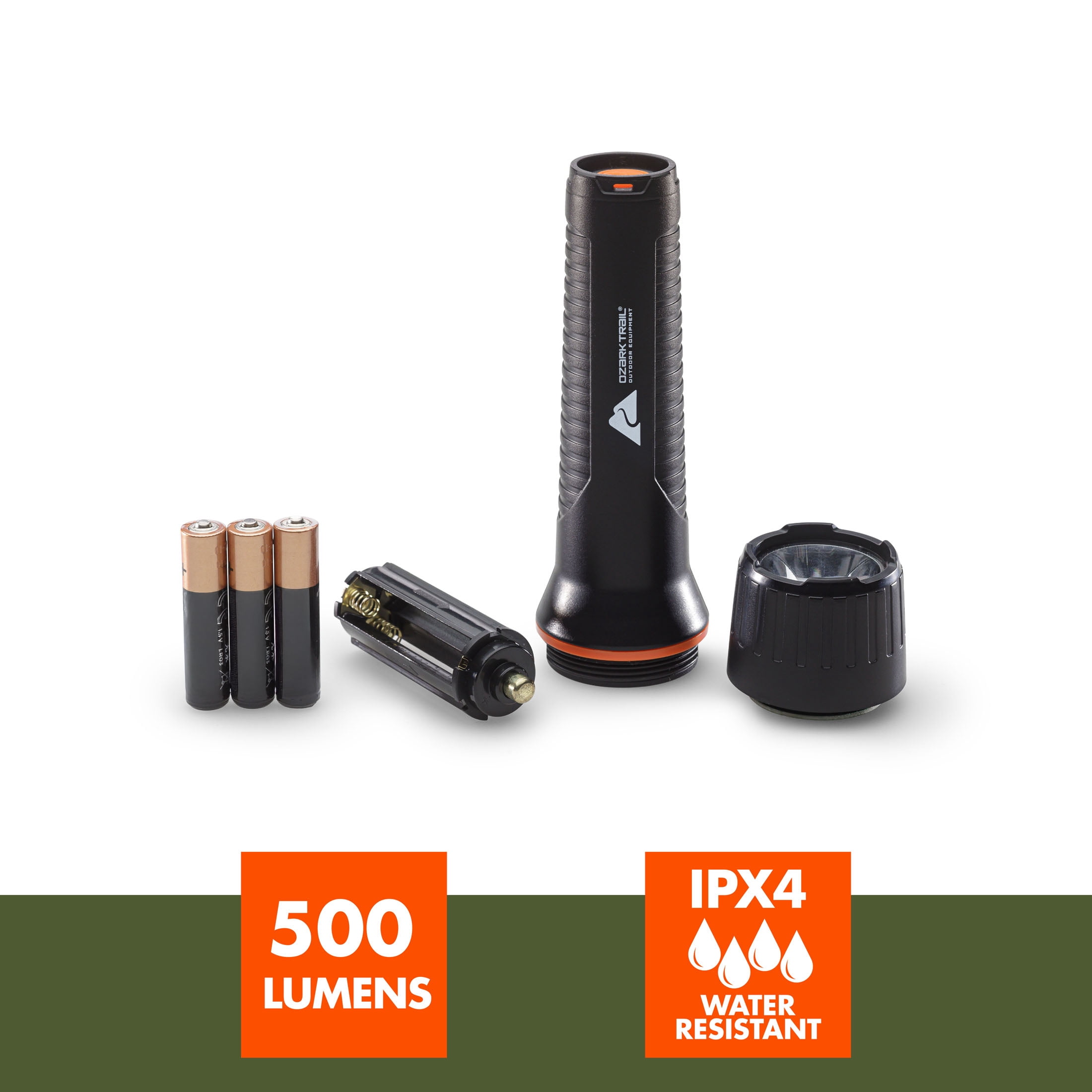 Ozark Trail LED Flashlight, 500 Lumens, 3 AAA Batteries Included, Water-Resistant, Impact-Resistant Body