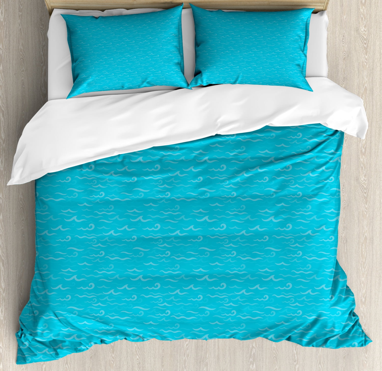 Nautical Blue Duvet Cover Set, Monochrome Simple Design of Waves Deep