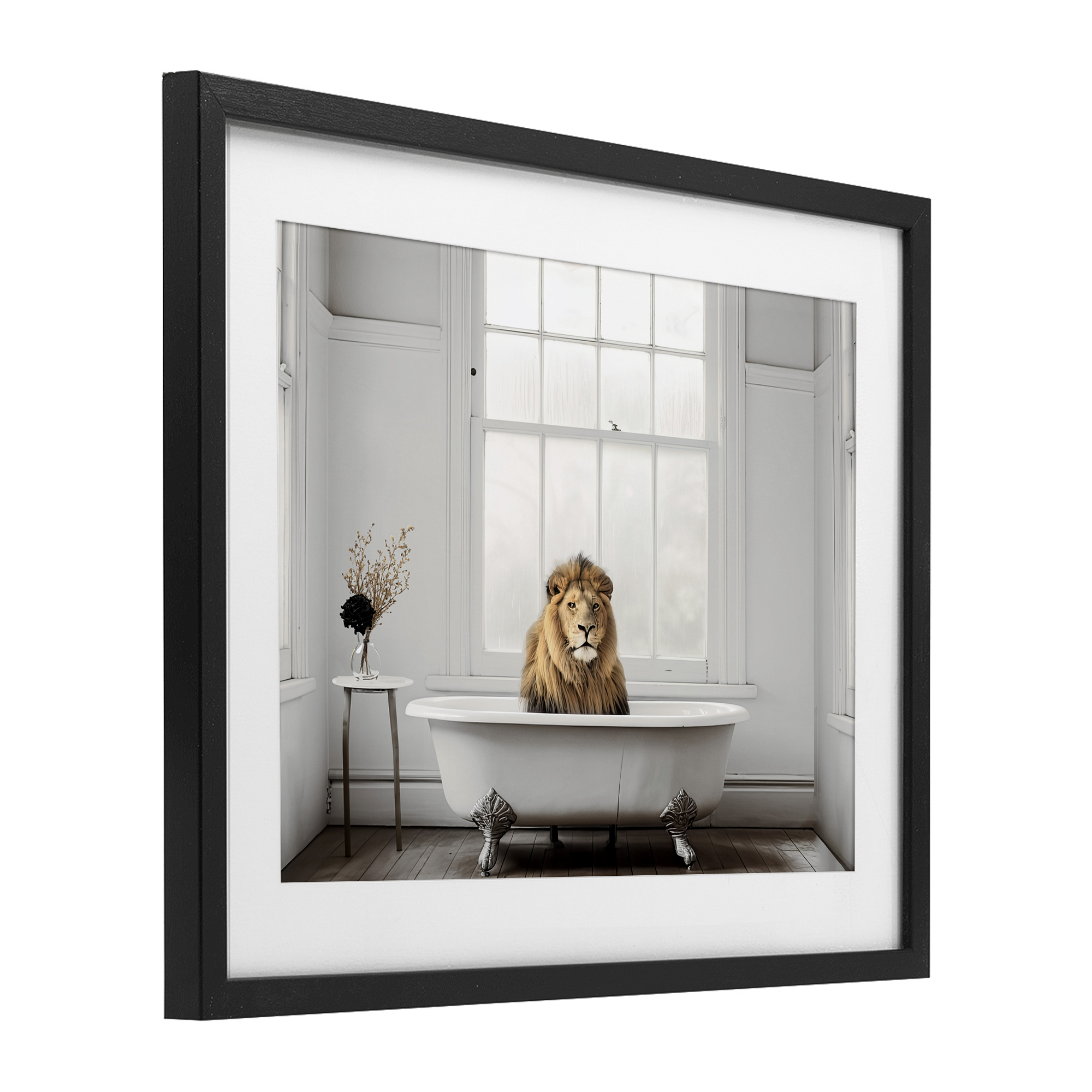 Minimalist Lion Bathtime Black Framed Print Under Glass, design by Sasha