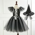thumbnail image 2 of IUYRTFE Big Kids Girls Halloween Color Block Witch Dress Short Sleeve Tulle Gown with Hat C-osplay Role Play Party Outfit 3-12 Years(Black,10-12Years), 2 of 3