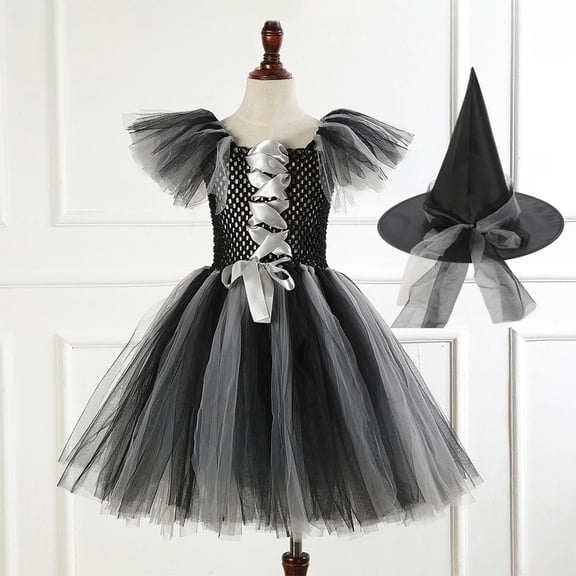 HCBY Girls Halloween Witch Tulle Flutter Sleeve Dress, Crew Neck Color Block Mesh A-Line Party Gown with Matching Pointed Hat for Fall Carnival Shows