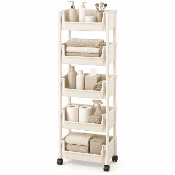 5-Tier Slim Rolling Storage Cart with Wheels, Tall Narrow Mobile Organizer for Bathroom, Kitchen, Laundry Room, Bedroom and Office