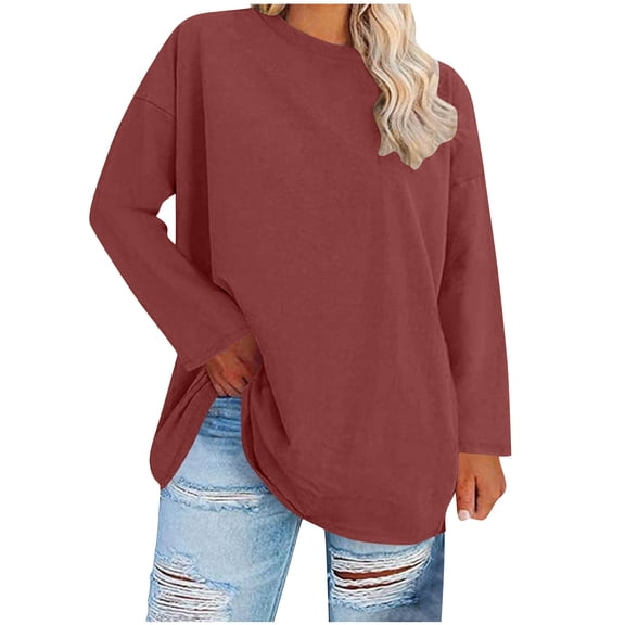 dazeni Plus Size Tops for Women Casual Loose Long Sleeve Crewneck Tunic Tops Solid Basic T-Shirt Spring Summer Tee Hot Pink XX-Large