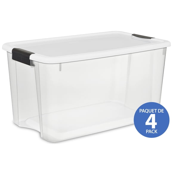 Sterilite 66 Liter Ultra™ Latch Box, Small Clear Plastic Storage Bin with Lid and Sturdy Black Latches, 4 Pk